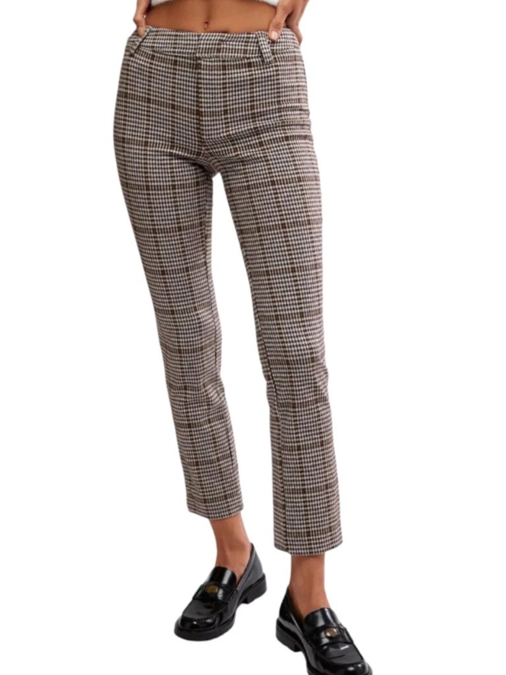 Free People Brown Plaid Slim Cropped Pants